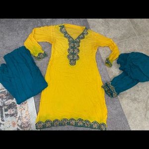 Yellow and blue pakistani indian punjabi dress 3 piece suit dress PRICE DROP